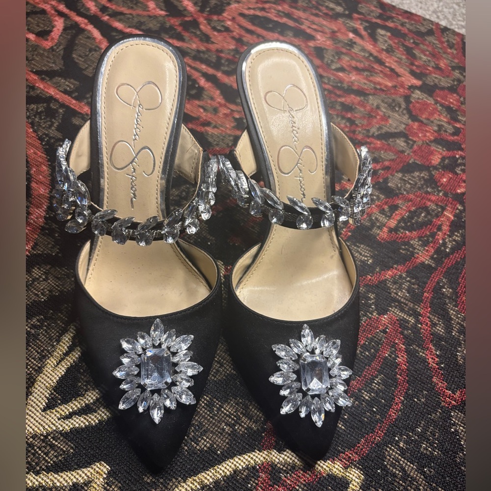 Jessica Simpson Black Jeweled Pointed Toe Slip-On Heels